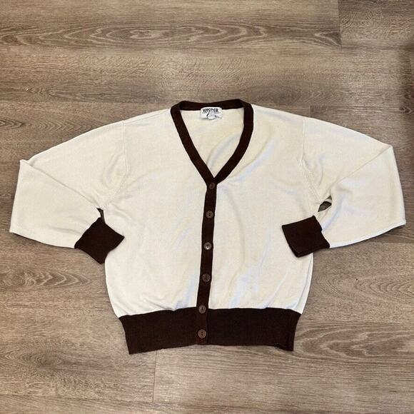 Vintage Kasper‎ ASL Cardigan Womens Small Cream Brown Academia Button Front - Picture 1 of 7